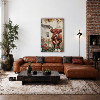 Crimson Gilded Longhorn Plank Rustic wall art in a farmhouse-style room – red highland cow with long horns among red