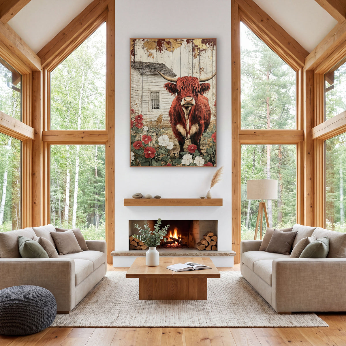 Crimson Gilded Longhorn Plank Rustic wall art in a farmhouse-style room – red highland cow with long horns among red