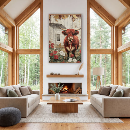 Crimson Gilded Longhorn Plank Rustic wall art in a farmhouse-style room – red highland cow with long horns among red