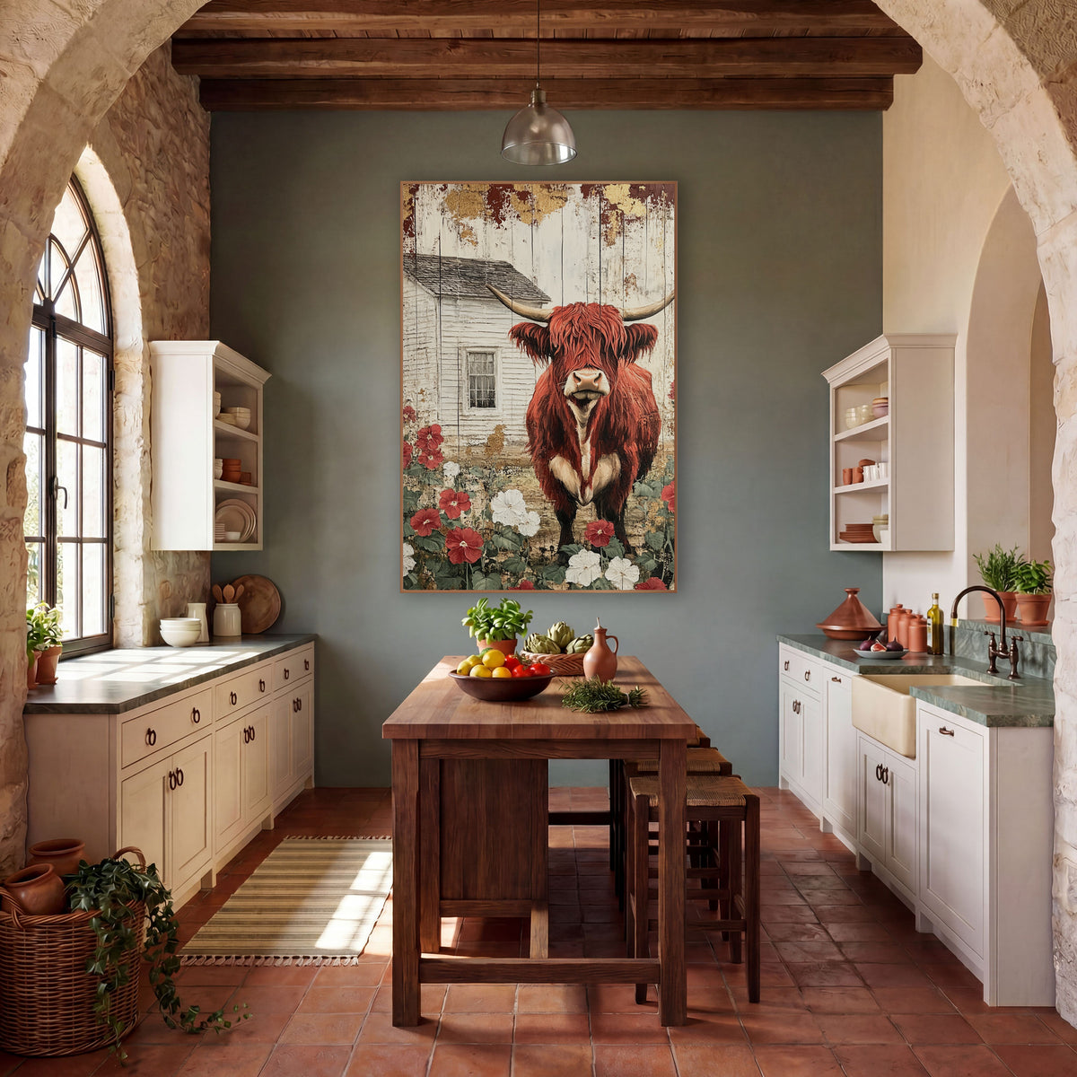 Crimson Gilded Longhorn Plank Rustic wall art in a farmhouse-style room – red highland cow with long horns among red