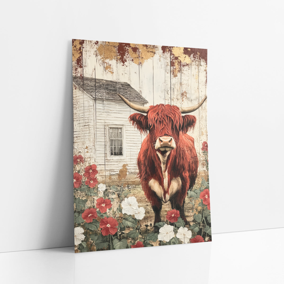 Crimson Gilded Longhorn Plank Rustic art print leaning against a white wall – red highland cow with long horns among red