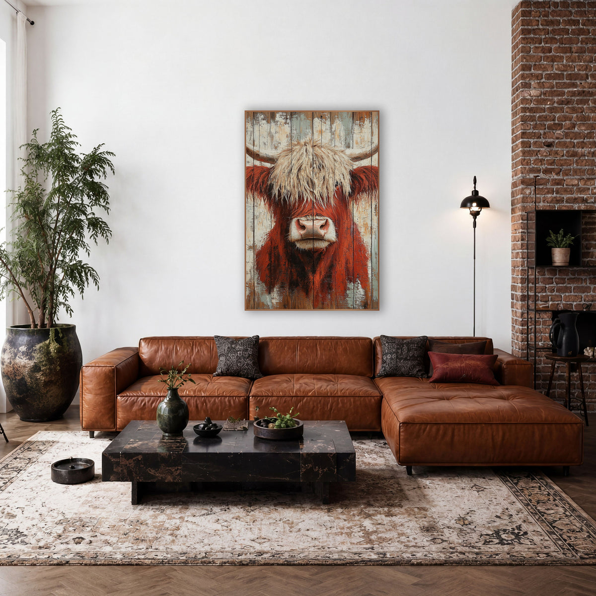 Rust Red Highland Cow Farmhouse wall art in a farmhouse-style room – rust-red highland cow with curved horns