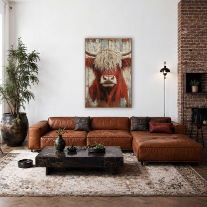 Rust Red Highland Cow Farmhouse wall art in a farmhouse-style room – rust-red highland cow with curved horns