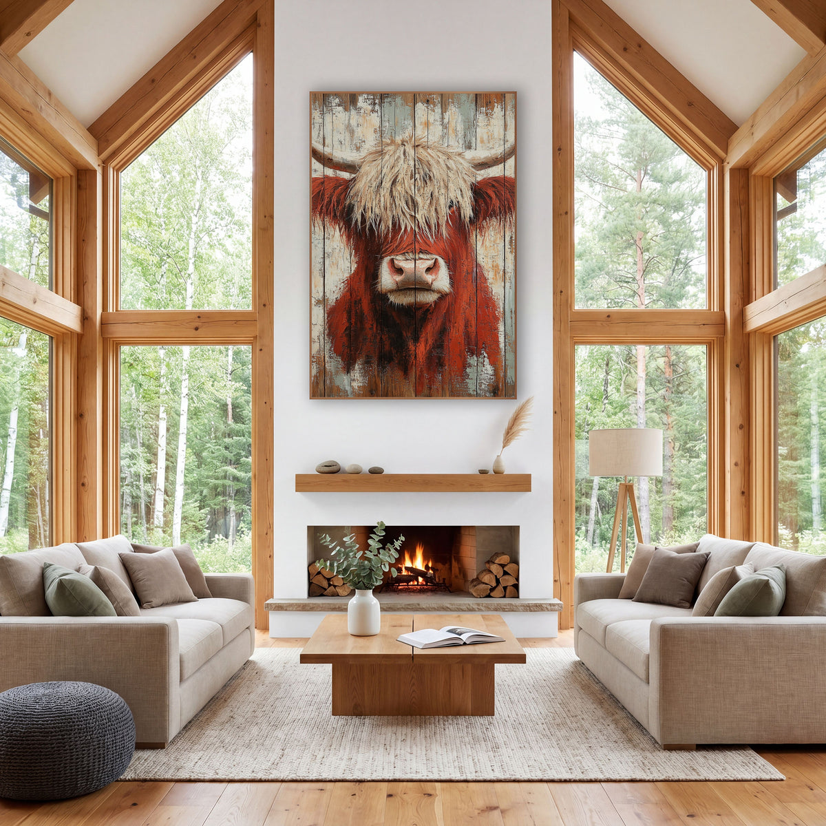 Rust Red Highland Cow Farmhouse wall art in a farmhouse-style room – rust-red highland cow with curved horns