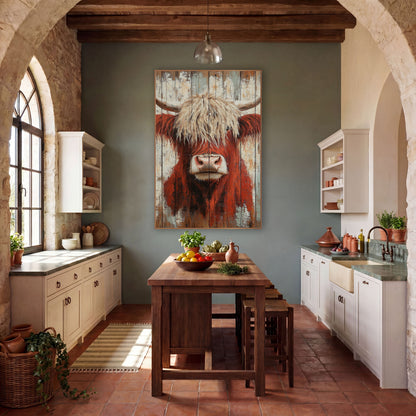 Rust Red Highland Cow Farmhouse wall art in a farmhouse-style room – rust-red highland cow with curved horns