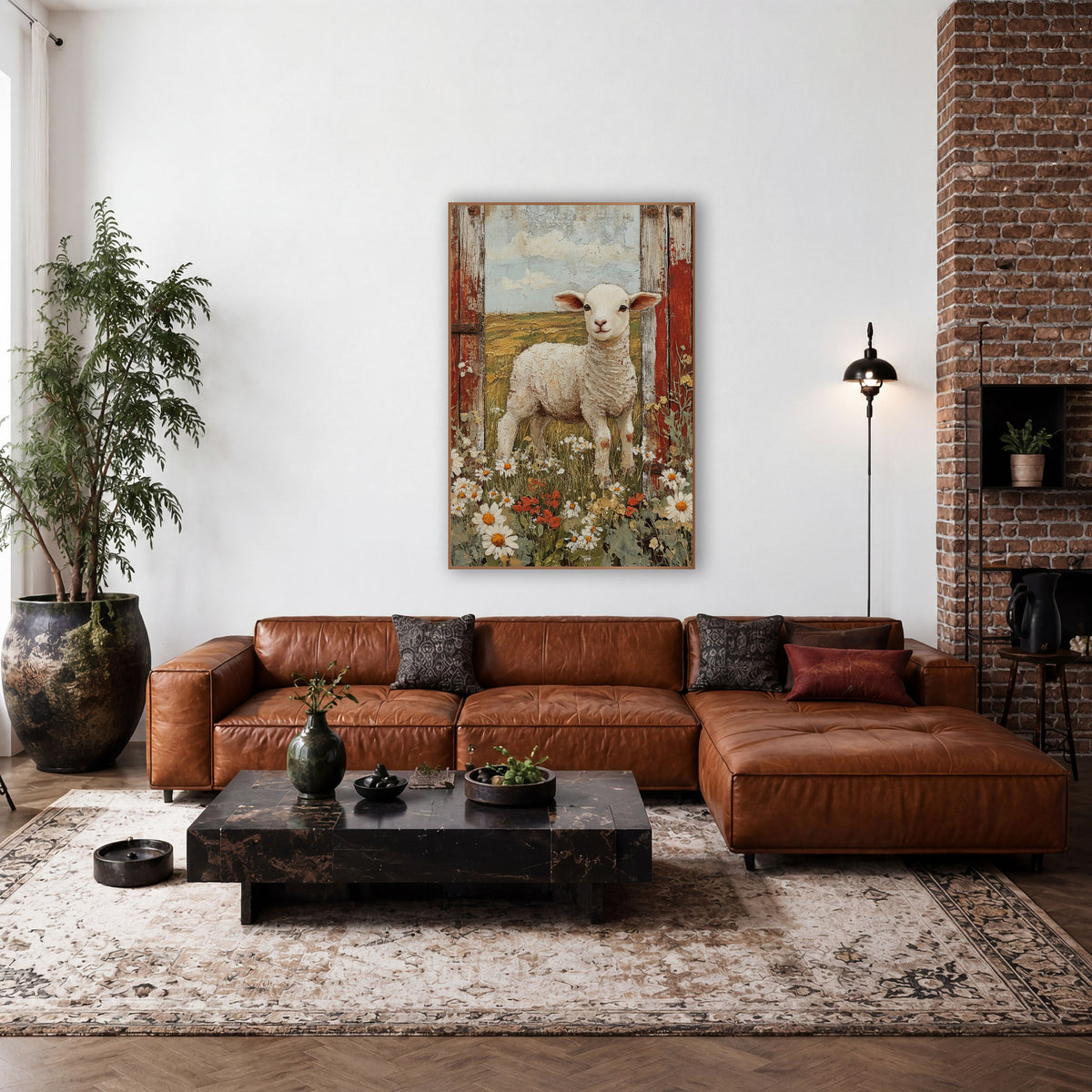 Lamb Red Barn Doors Farmhouse wall art in a farmhouse-style room – white lamb standing in a daisy and wildflower