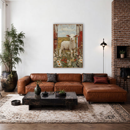 Lamb Red Barn Doors Farmhouse wall art in a farmhouse-style room – white lamb standing in a daisy and wildflower