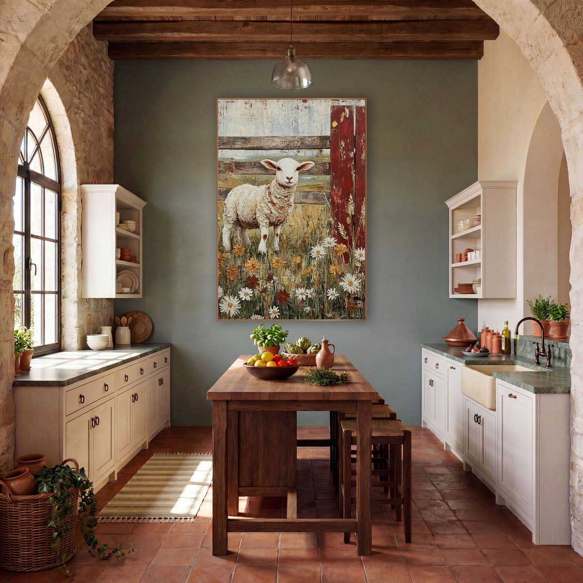 Meadow Lamb Weathered Gate Farmhouse wall art in a farmhouse-style room – white lamb standing among daisies and orange