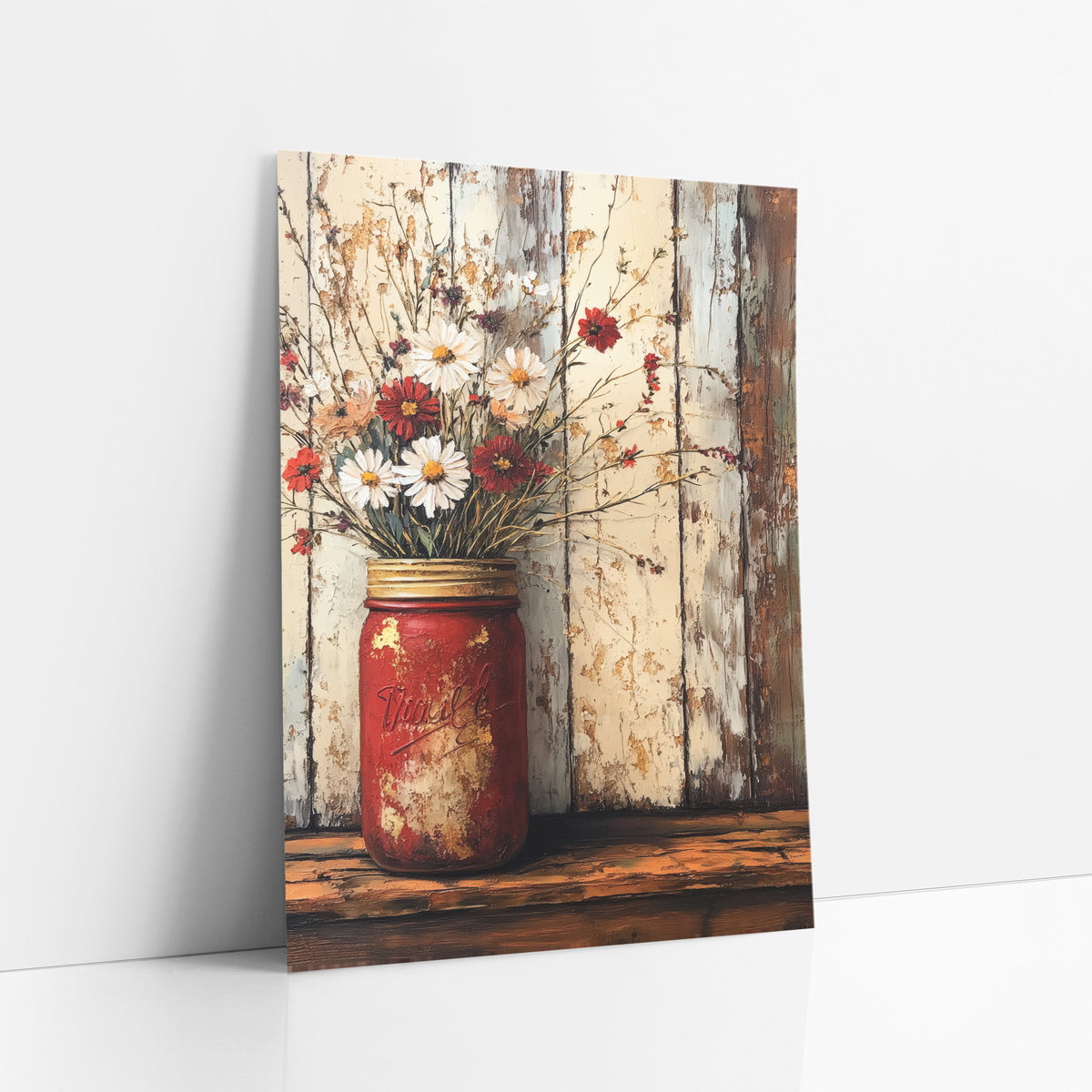 Red Jar Daisy Shelf Rustic art print leaning against a white wall – red jar with gold lid ring holding white daisies and red