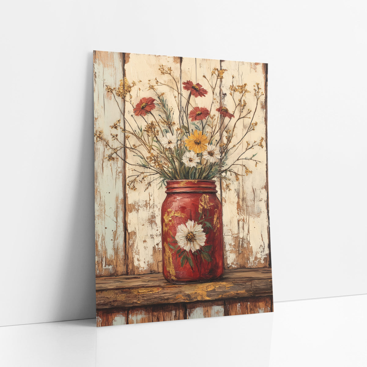 Painted Daisy Jar Gold Meadow art print leaning against a white wall – red mason jar of daisies and golden wildflowers