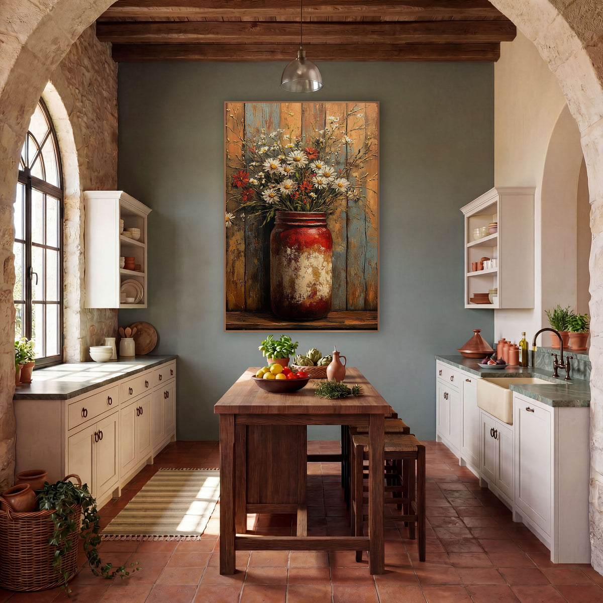 Tall Jar Daisy Bouquet Rustic wall art in a farmhouse-style room – worn red jar holding white daisies and red flowers
