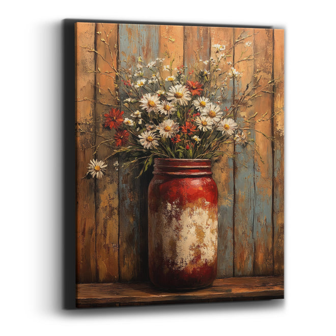 Tall Jar Daisy Bouquet Rustic Canvas Wall Art