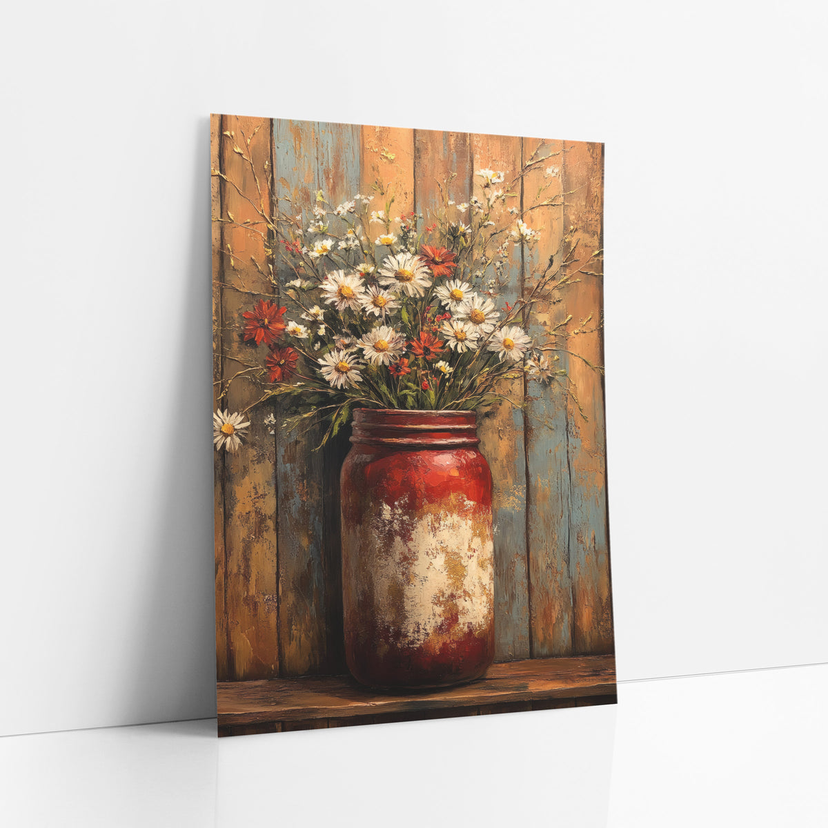 Tall Jar Daisy Bouquet Rustic art print leaning against a white wall – worn red jar holding white daisies and red flowers