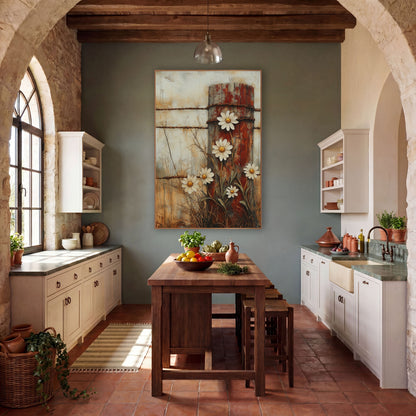 Rustic Daisy Fence Post Farmhouse wall art in a farmhouse-style room – white daisies with golden centers