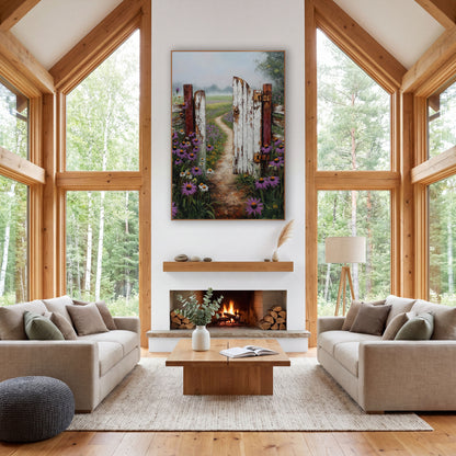 Weathered Farm Gate Wildflower Country wall art in a farmhouse-style room – half-open weathered white farm gate
