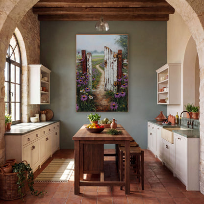 Weathered Farm Gate Wildflower Country wall art in a farmhouse-style room – half-open weathered white farm gate