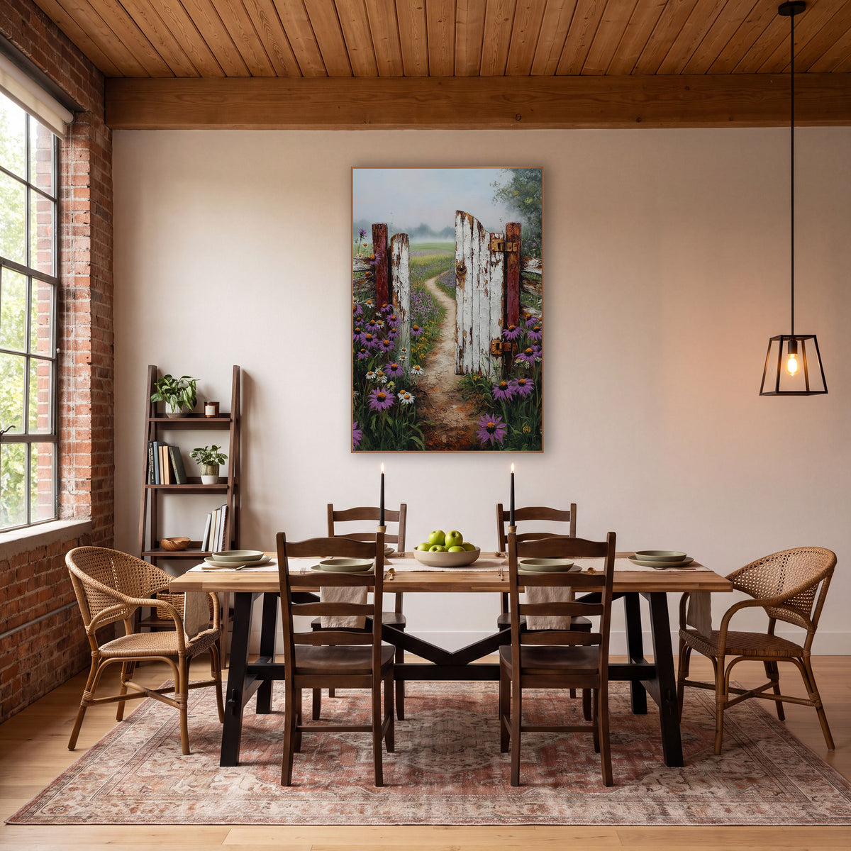 Weathered Farm Gate Wildflower Country wall art in a farmhouse-style room – half-open weathered white farm gate