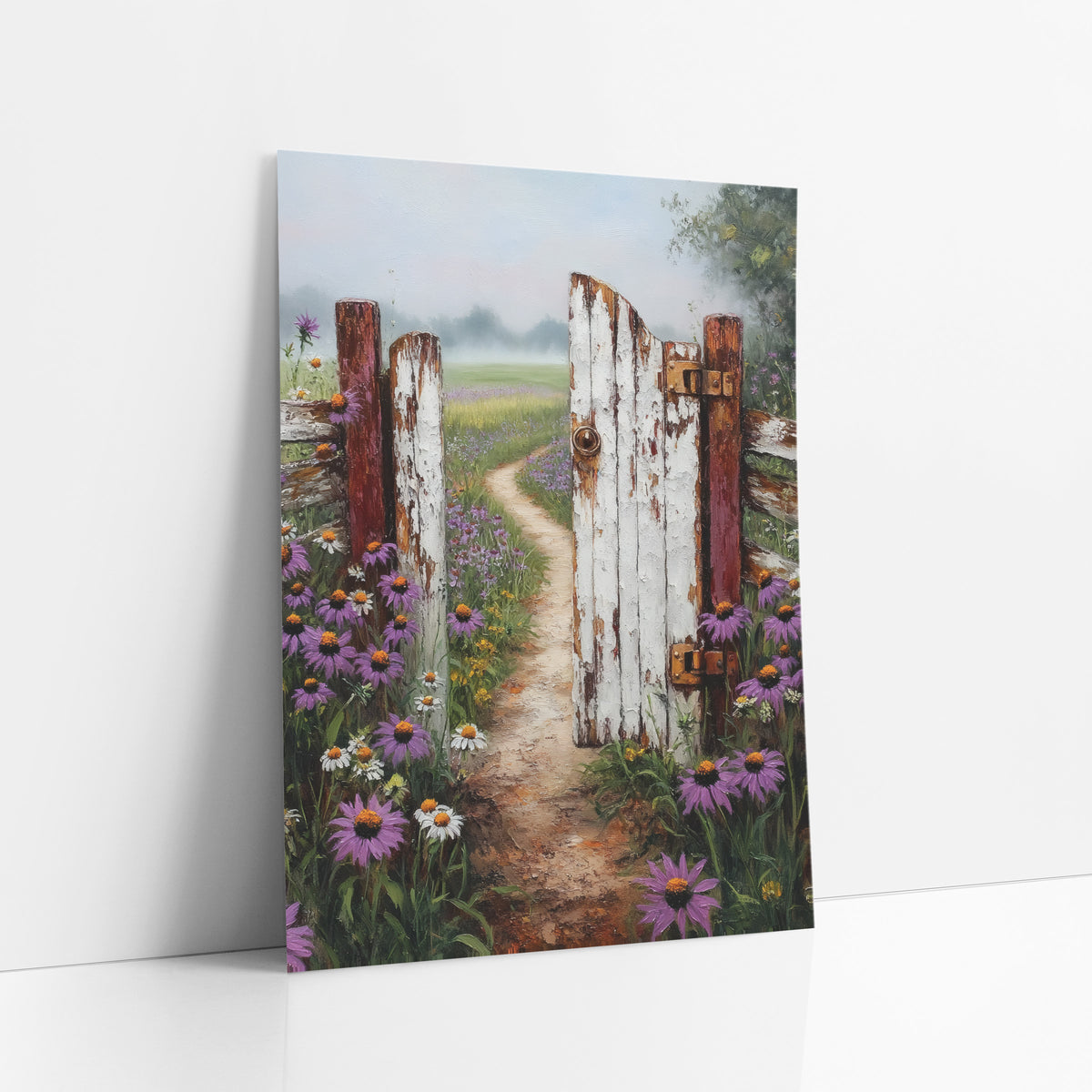 Weathered Farm Gate Wildflower Country art print leaning against a white wall – half-open weathered white farm gate