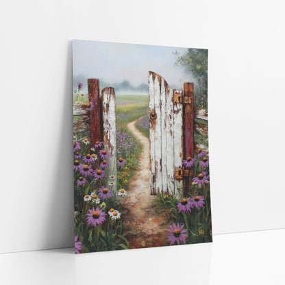 Weathered Farm Gate Wildflower Country art print leaning against a white wall – half-open weathered white farm gate