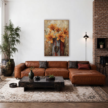 Tall Daylily Cluster Gilded Post wall art in a farmhouse-style room – orange daylilies blooming above a weathered