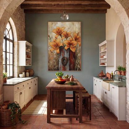 Tall Daylily Cluster Gilded Post wall art in a farmhouse-style room – orange daylilies blooming above a weathered