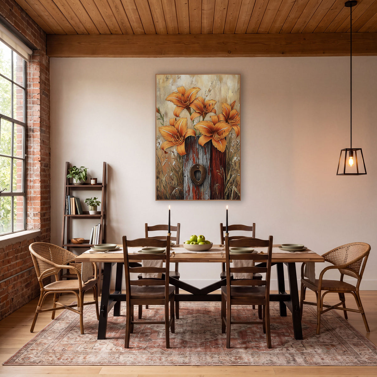 Tall Daylily Cluster Gilded Post wall art in a farmhouse-style room – orange daylilies blooming above a weathered