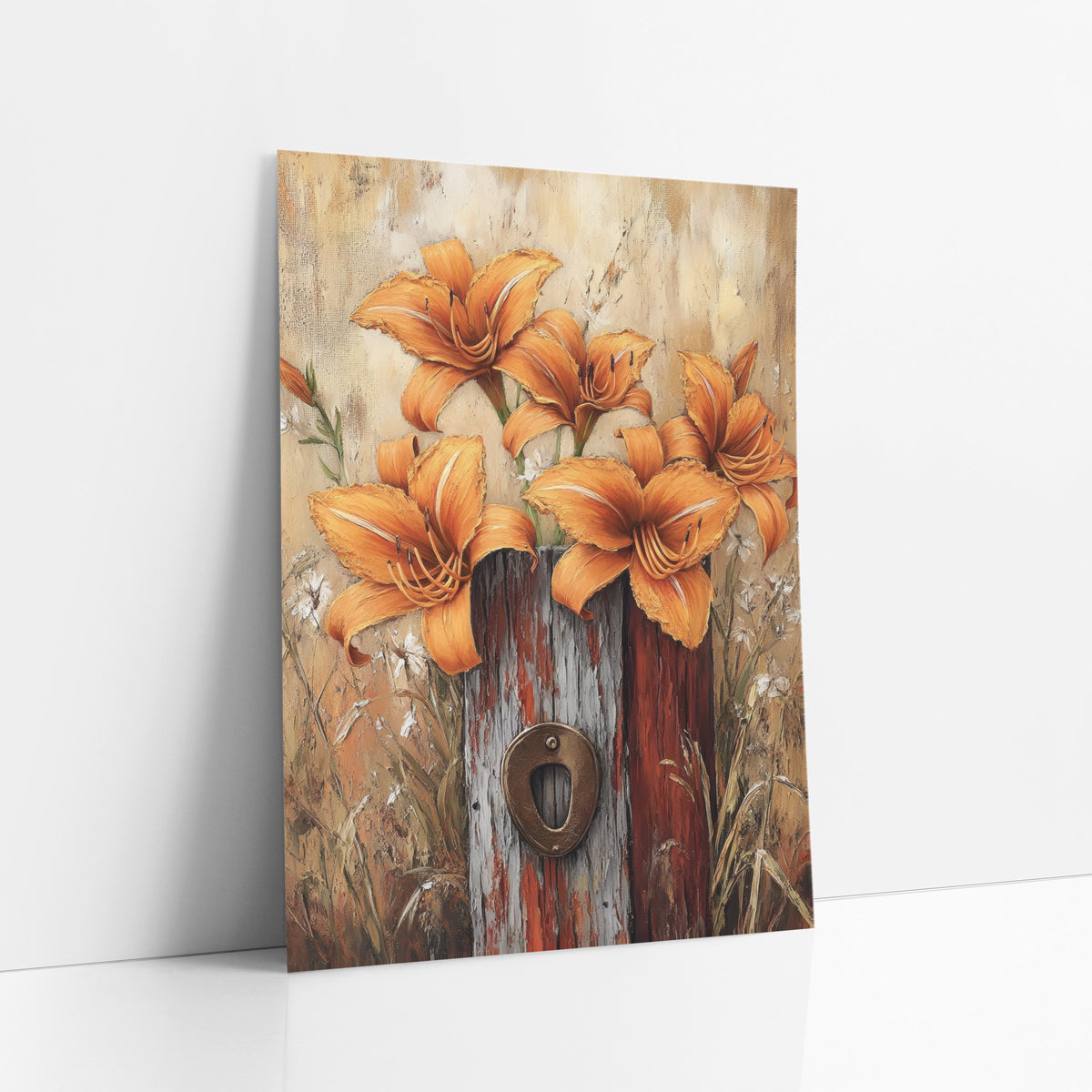 Tall Daylily Cluster Gilded Post art print leaning against a white wall – orange daylilies blooming above a weathered wooden