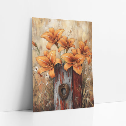 Tall Daylily Cluster Gilded Post art print leaning against a white wall – orange daylilies blooming above a weathered wooden