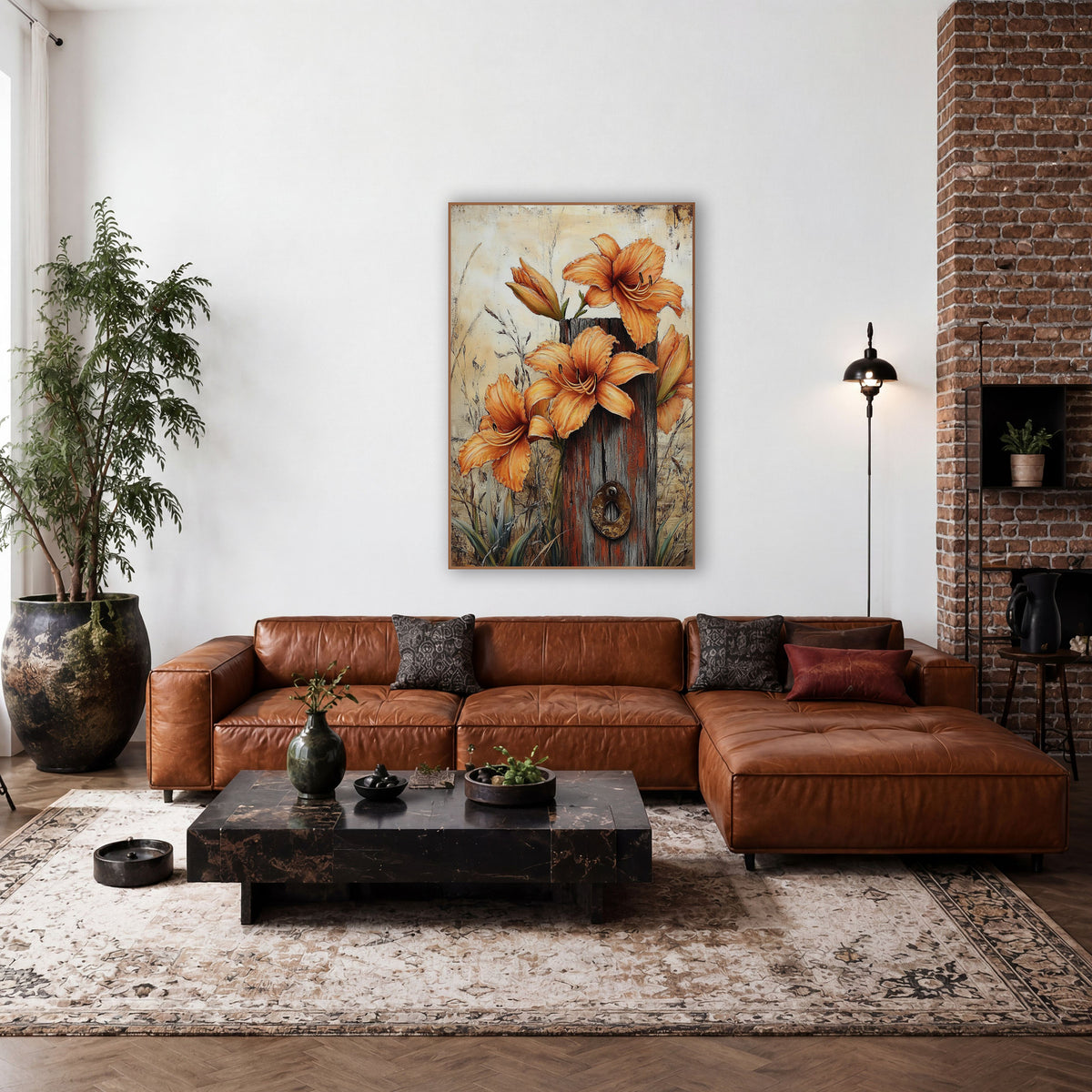 Daylily Bud Trio Ivory Backdrop wall art in a farmhouse-style room – orange daylilies and buds around a weathered