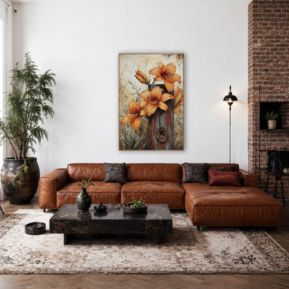 Daylily Bud Trio Ivory Backdrop wall art in a farmhouse-style room – orange daylilies and buds around a weathered