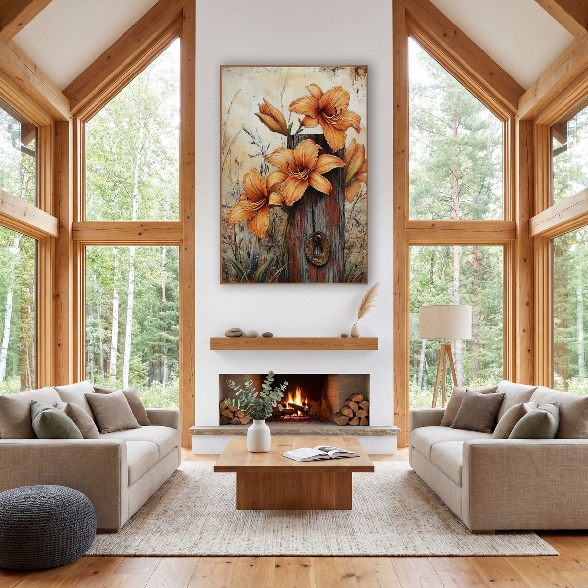 Daylily Bud Trio Ivory Backdrop wall art in a farmhouse-style room – orange daylilies and buds around a weathered
