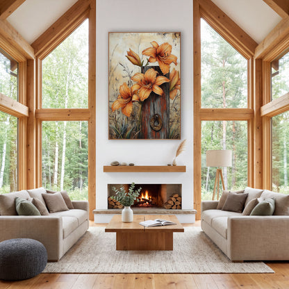Daylily Bud Trio Ivory Backdrop wall art in a farmhouse-style room – orange daylilies and buds around a weathered