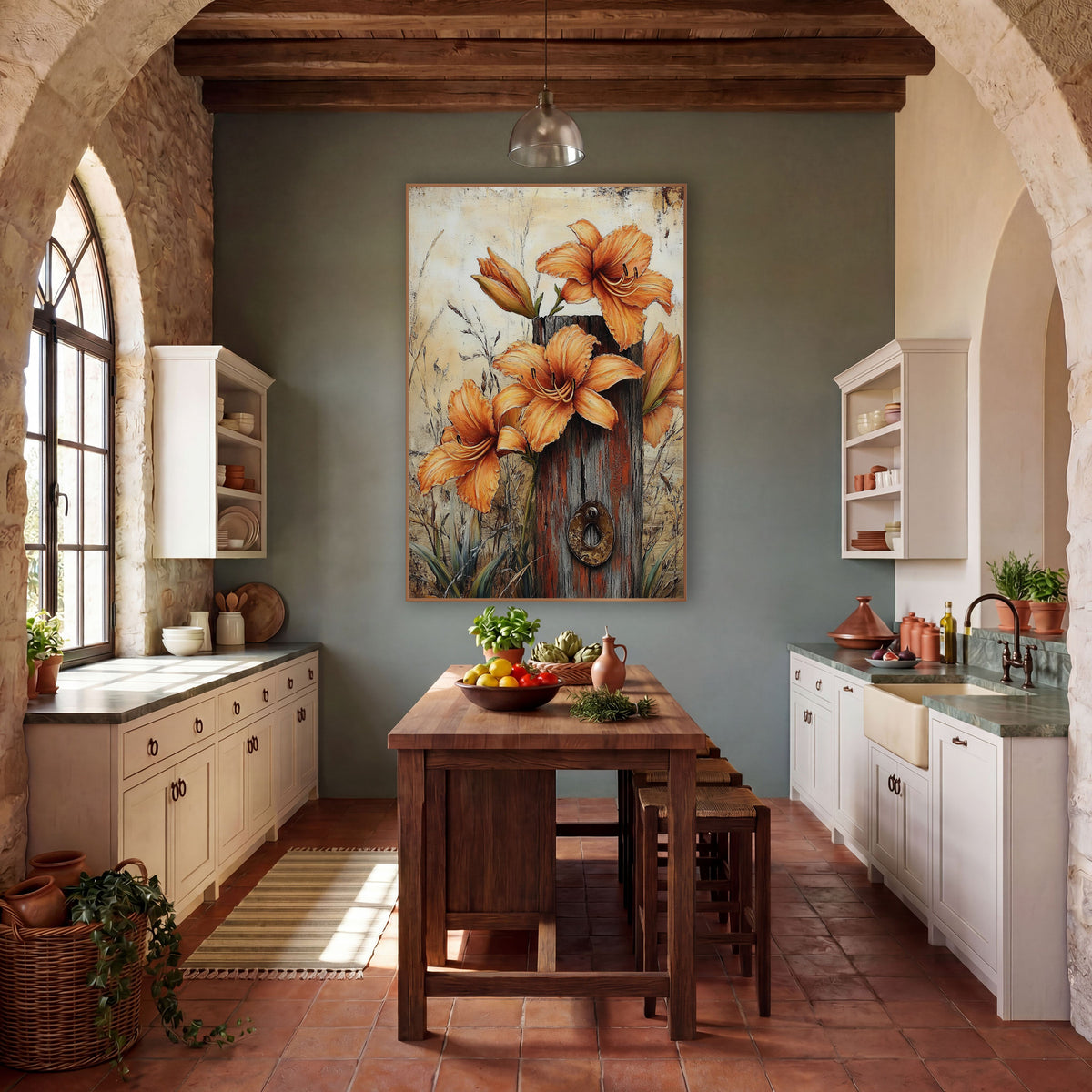Daylily Bud Trio Ivory Backdrop wall art in a farmhouse-style room – orange daylilies and buds around a weathered