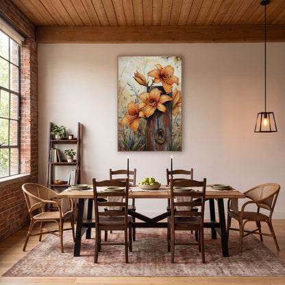 Daylily Bud Trio Ivory Backdrop wall art in a farmhouse-style room – orange daylilies and buds around a weathered