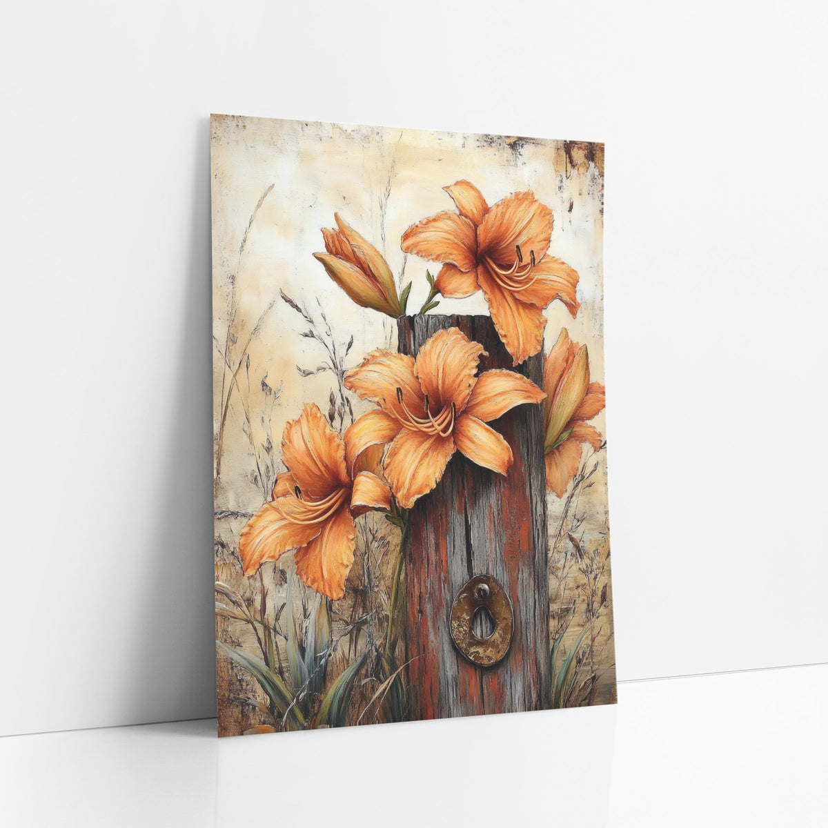Daylily Bud Trio Ivory Backdrop art print leaning against a white wall – orange daylilies and buds around a weathered wooden