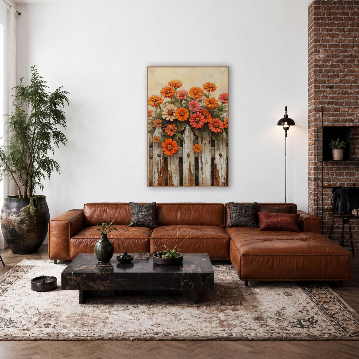 Tall Zinnia Cluster Cream Fence Rustic wall art in a farmhouse-style room – orange, coral and cream zinnias growing