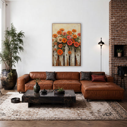 Tall Zinnia Cluster Cream Fence Rustic wall art in a farmhouse-style room – orange, coral and cream zinnias growing