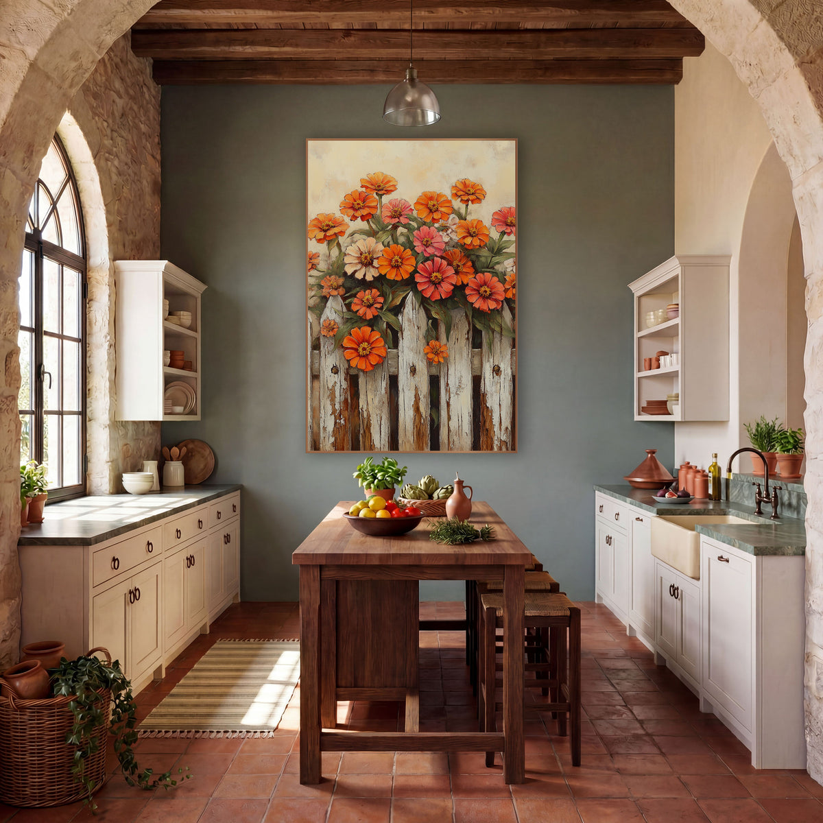Tall Zinnia Cluster Cream Fence Rustic wall art in a farmhouse-style room – orange, coral and cream zinnias growing