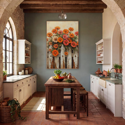 Tall Zinnia Cluster Cream Fence Rustic wall art in a farmhouse-style room – orange, coral and cream zinnias growing