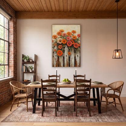 Tall Zinnia Cluster Cream Fence Rustic wall art in a farmhouse-style room – orange, coral and cream zinnias growing