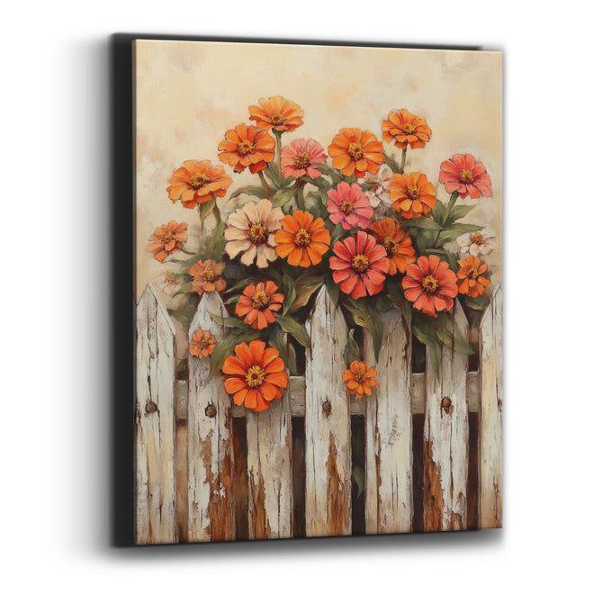 Tall Zinnia Cluster Cream Fence Rustic Canvas Wall Art