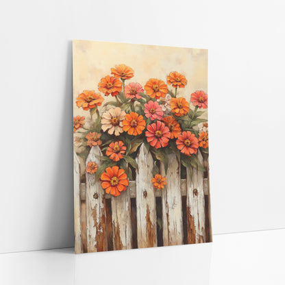 Tall Zinnia Cluster Cream Fence Rustic art print leaning against a white wall – orange, coral and cream zinnias growing