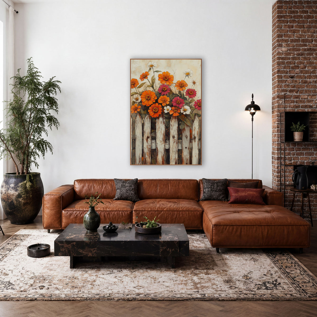 Crimson Zinnia Spray Dark Fence Vintage wall art in a farmhouse-style room – orange zinnias, pink blooms and white