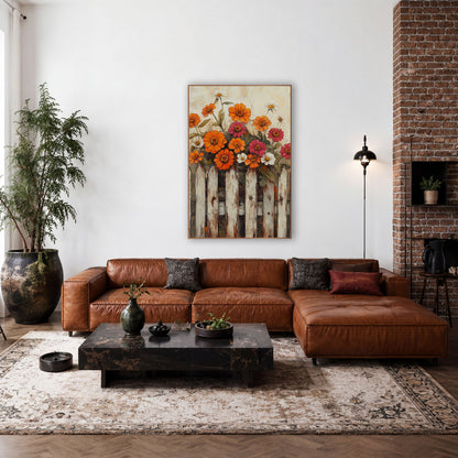 Crimson Zinnia Spray Dark Fence Vintage wall art in a farmhouse-style room – orange zinnias, pink blooms and white