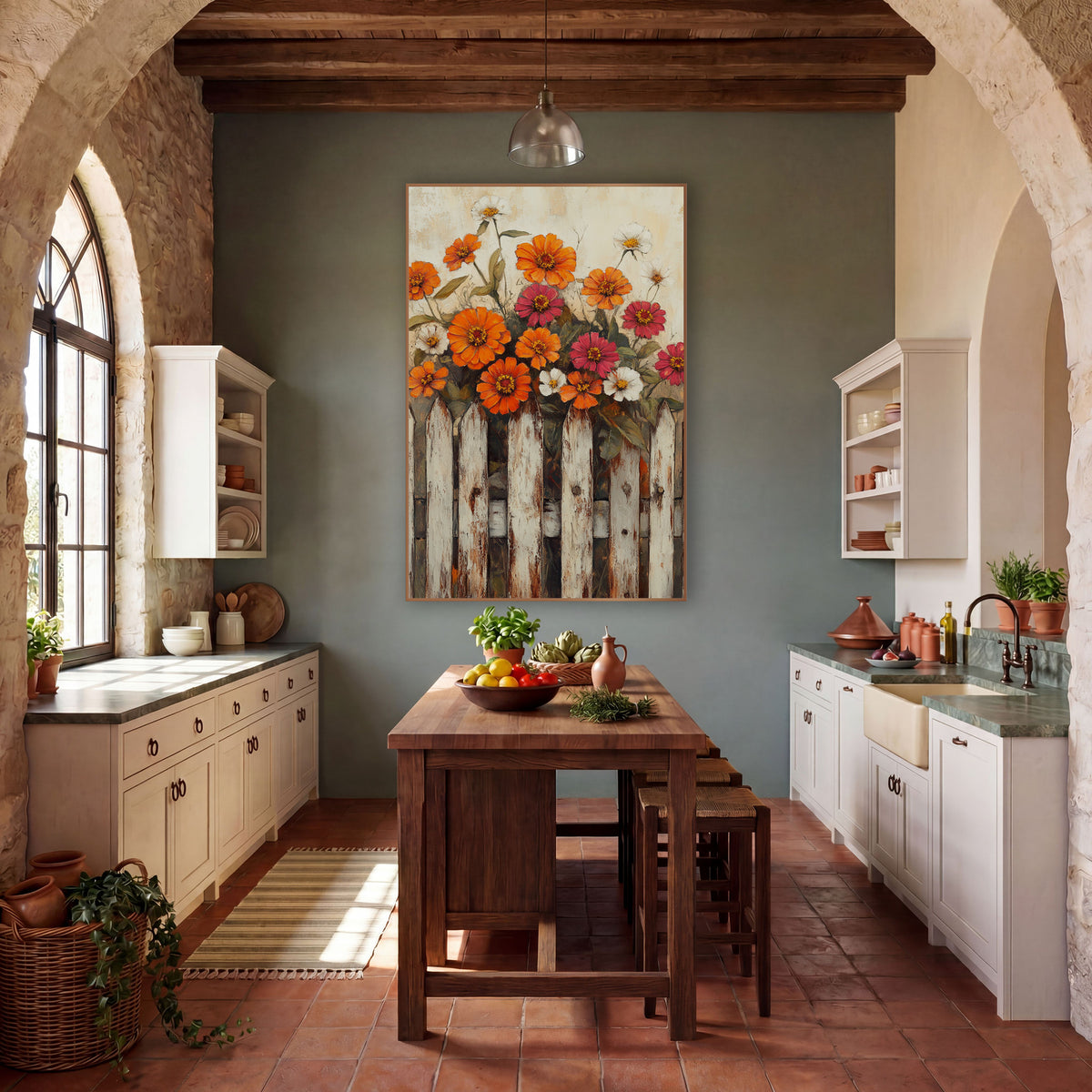 Crimson Zinnia Spray Dark Fence Vintage wall art in a farmhouse-style room – orange zinnias, pink blooms and white