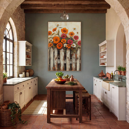 Crimson Zinnia Spray Dark Fence Vintage wall art in a farmhouse-style room – orange zinnias, pink blooms and white