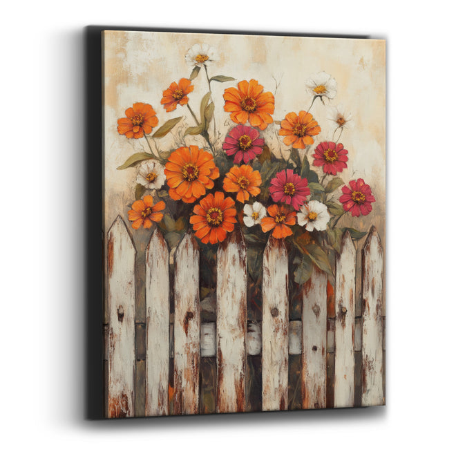 Crimson Zinnia Spray Dark Fence Vintage Canvas Wall Art