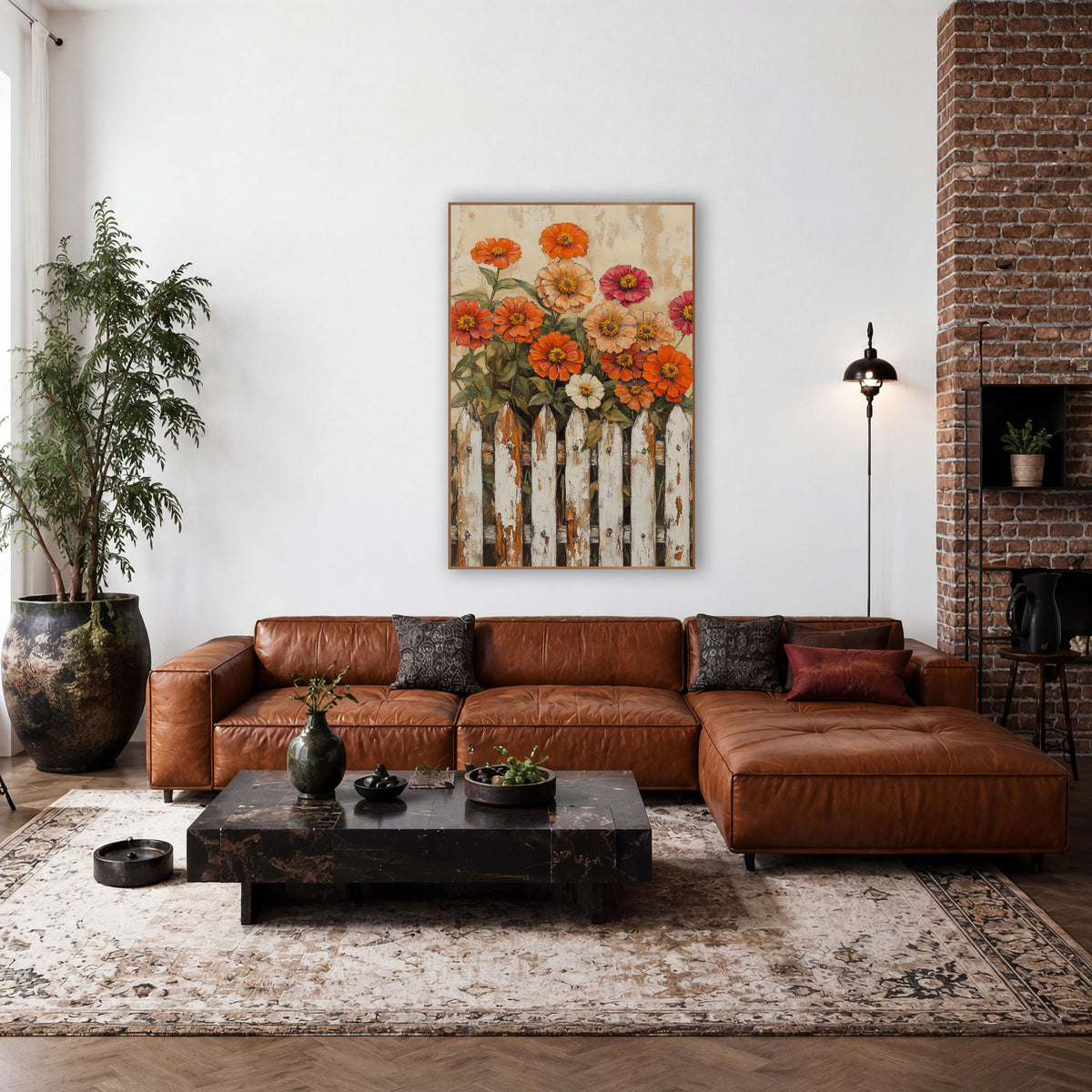 Peach Zinnia Meadow Crackled Fence Painterly wall art in a farmhouse-style room – orange, peach and magenta zinnias