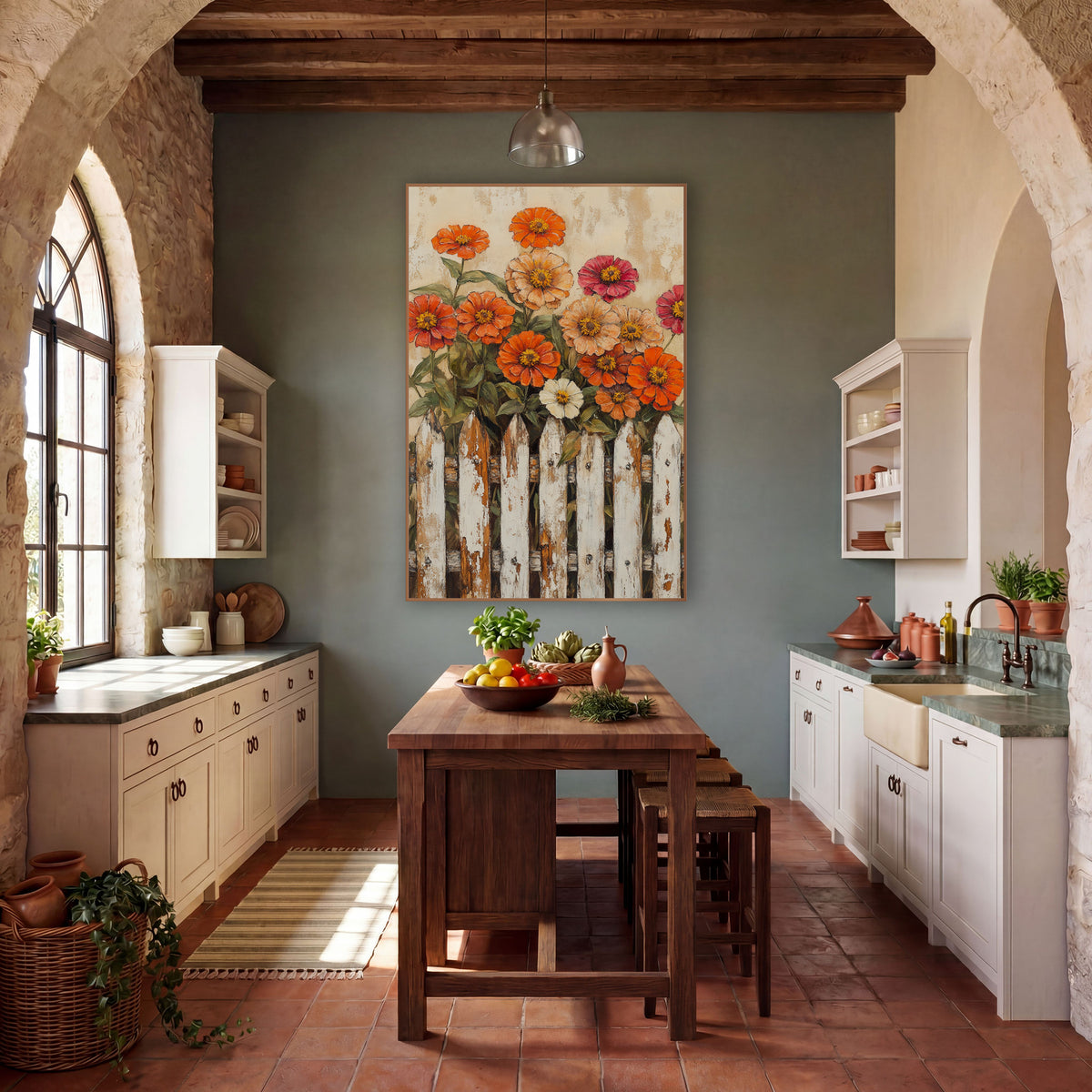 Peach Zinnia Meadow Crackled Fence Painterly wall art in a farmhouse-style room – orange, peach and magenta zinnias