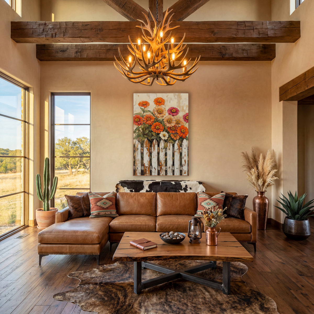 Peach Zinnia Meadow Crackled Fence Painterly wall art in a farmhouse-style room – orange, peach and magenta zinnias